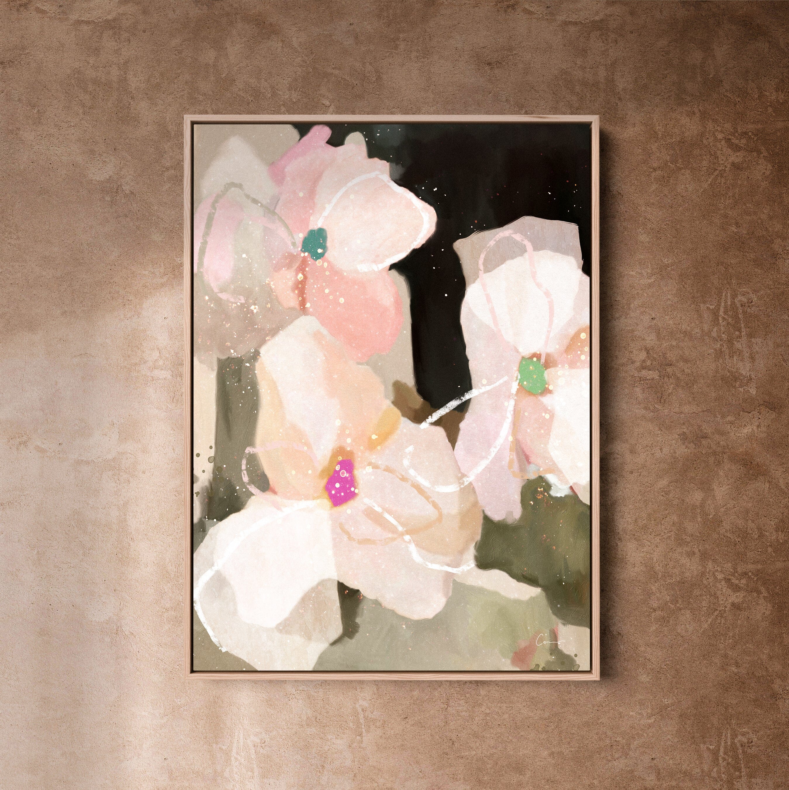 "Ubud Bloom" on Canvas - Portrait Canvas Wall Art Corinne Melanie Art Professionally Framed - Oak 24x32in / 60x80cm 