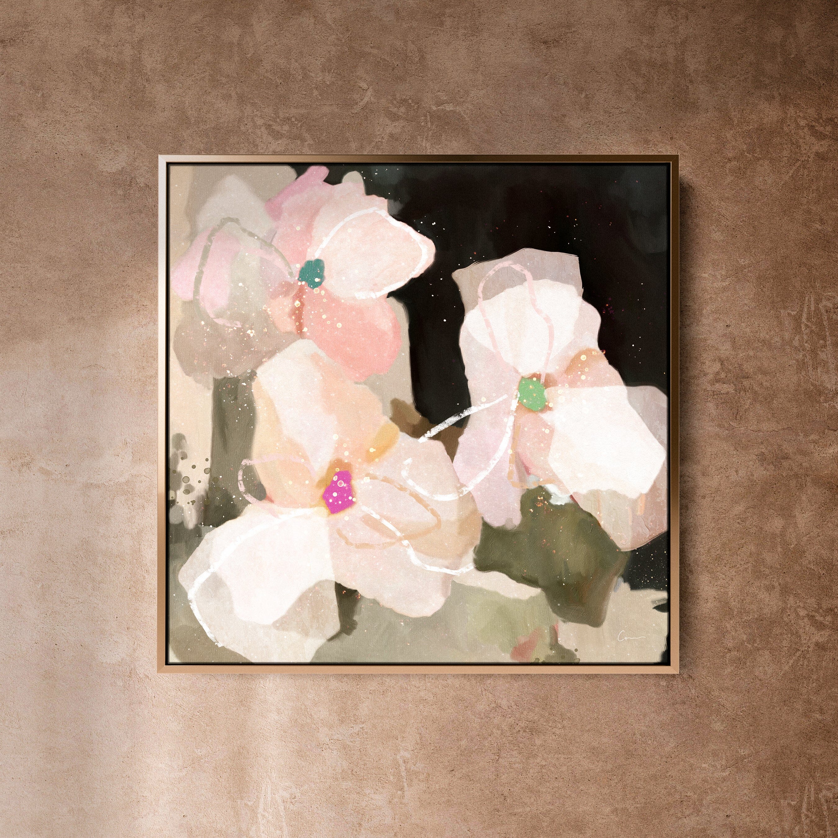 "Ubud Bloom" on Canvas - Square Canvas Wall Art Corinne Melanie Professionally Framed - Gold XS: 20x20in / 50x50cm 