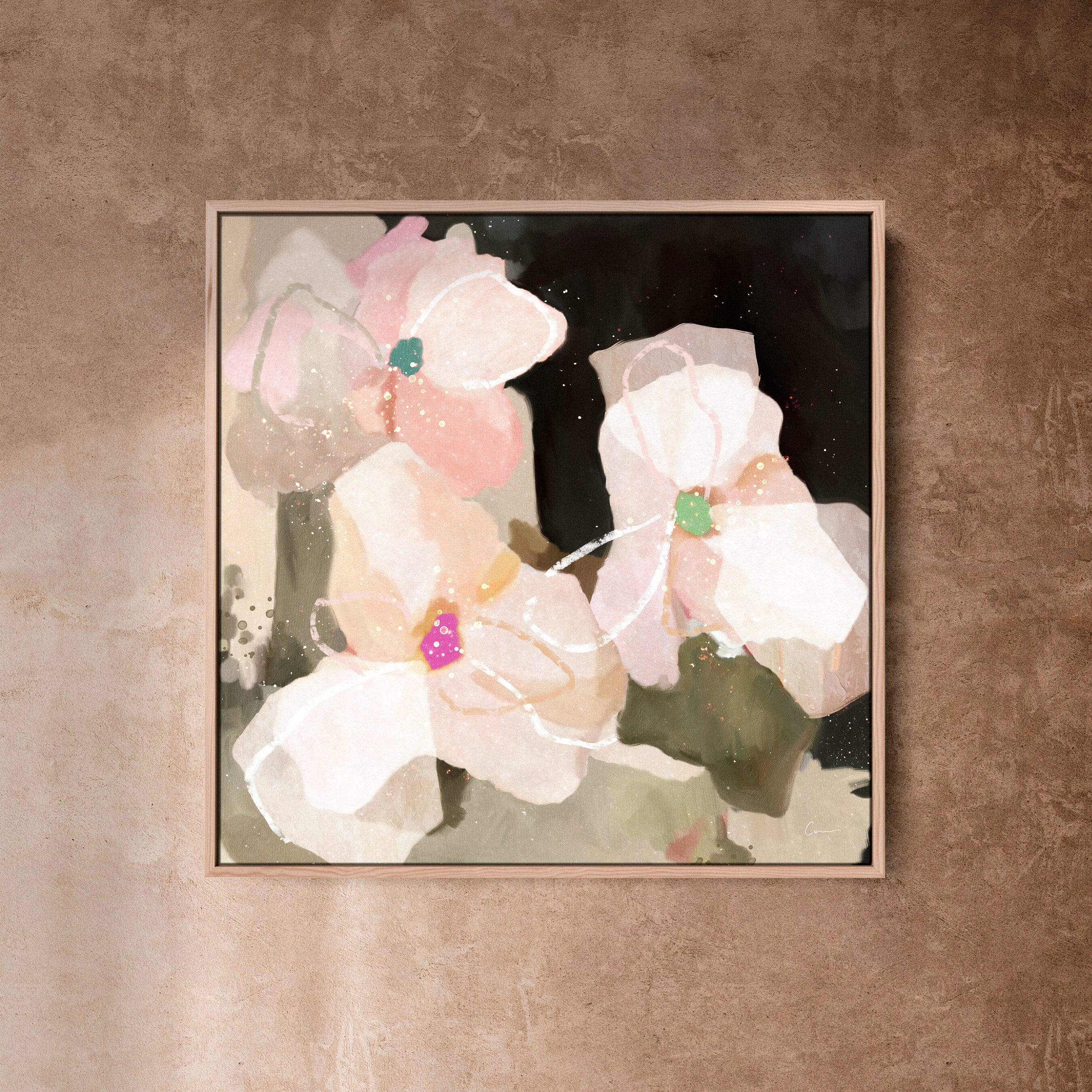 "Ubud Bloom" on Canvas - Square Canvas Wall Art Corinne Melanie Professionally Framed - Oak XS: 20x20in / 50x50cm 
